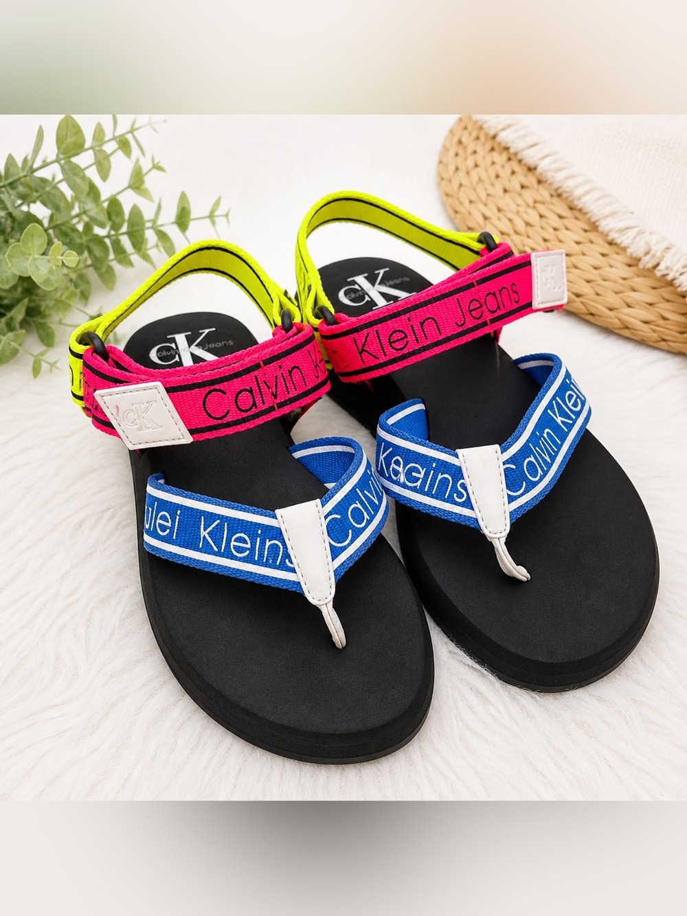 Calvin Klein Logo Strap Sandals Blue, Pink, Neon Yellow Size 8.5 - New - Picture 2 of 11